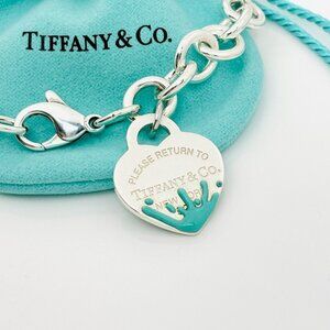 Large 8.5" Return to Tiffany Blue Enamel Color Splash Heart Tag Charm Bracelet